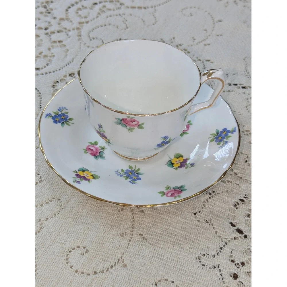Vintage Tea Cup and Saucer Set White Floral Crown Staffordshire Gold